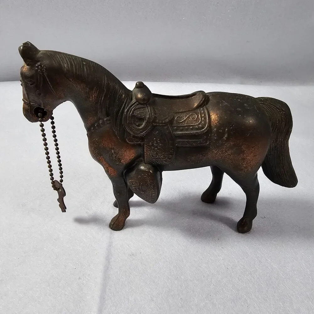 Vintage 60’s Brass Metal Coin Bank Country Western Horse  Copper Color W/Key